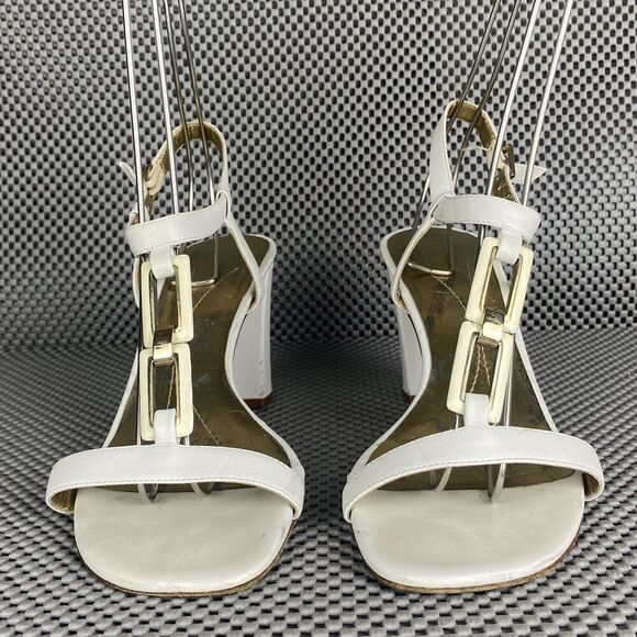 Kate Spade Heeled Sandals Womens Size 8.5 B White Ankle Strap Made In Italy - Picture 1 of 13